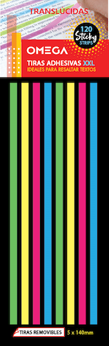 SOBRE C/120 TIRAS RESALTADORAS AUTOADHESIVAS REMOVIBLES OMEGA, 5x140MM., EN 4 COLORES TRANSLÚCIDOS