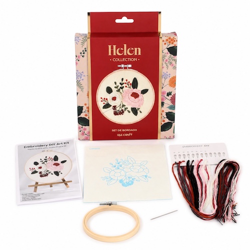 SET DE BORDADO IBI CRAFT, 4 PIEZAS: ARO (15cm), LIENZO, 3 AGUJAS, 6 HILOS, HELEN COLLECTION