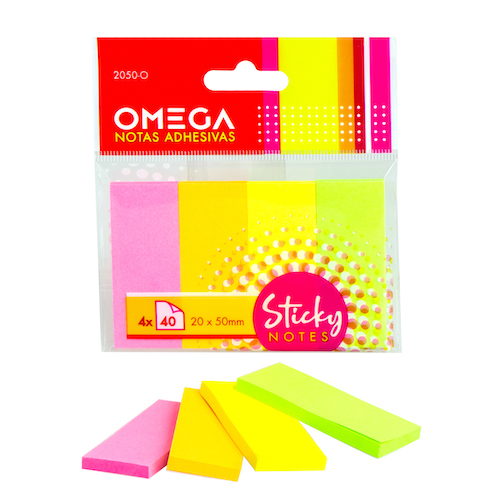 PACK CON 4 BLOCS DE  BANDERITAS OMEGA, COLORES FLÚO 20 X 50 MM, DE PAPEL