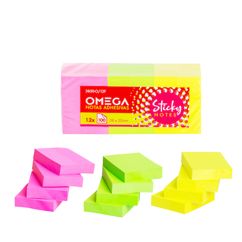PACK CON 12 BLOCS DE NOTAS AUTOADHESIVAS REMOVIBLES  OMEGA, 38 X 50 MM, 3 COLORES FLÚO