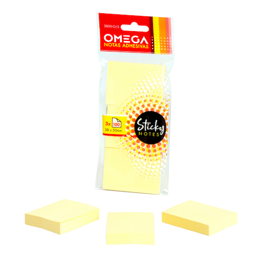 PACK CON 3 BLOCS DE NOTAS AUTOADHESIVAS REMOVIBLES OMEGA 38 X 50 MM