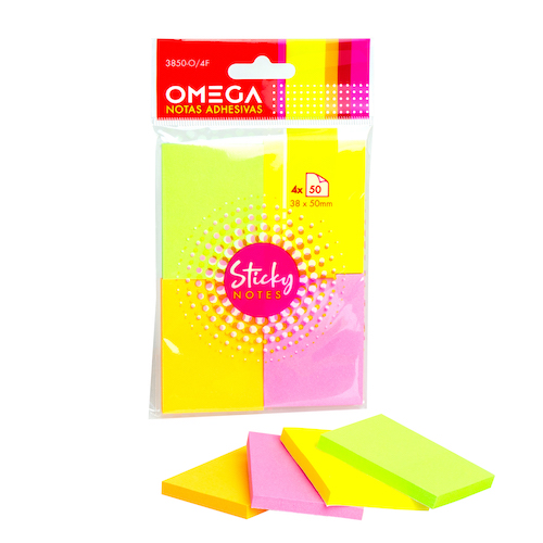 PACK CON 4 BLOCS DE NOTAS AUTOADHESIVAS REMOVIBLES OMEGA, 38 X 50 MM, 4 COLORES FLÚO