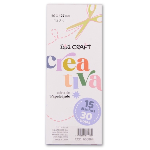 BLOC CON 30 HOJAS DE PAPELES ILUSTRADOS IBI CRAFT, 5x13CMS, 120GRS, 15 DISEÑOS, COLECCIÓN 