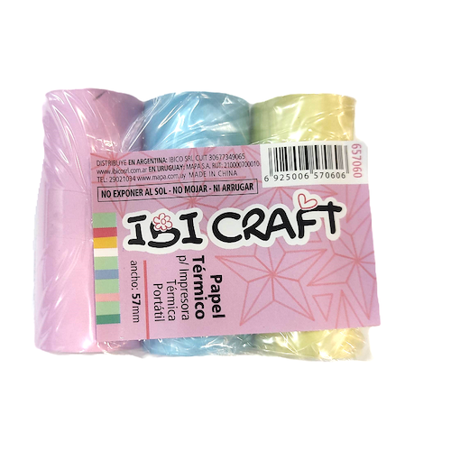 PACK CON 3 ROLLOS DE PAPEL TÉRMICO DE 57MM*4,5MTS, TRES COLORES SURTIDOS