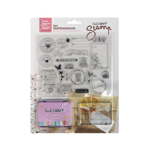 SET DE SELLOS SILICONADOS CRISTAL+BASE ACRÍLICA+ALMOHADILLA IBI CRAFT, 20 PIEZAS 