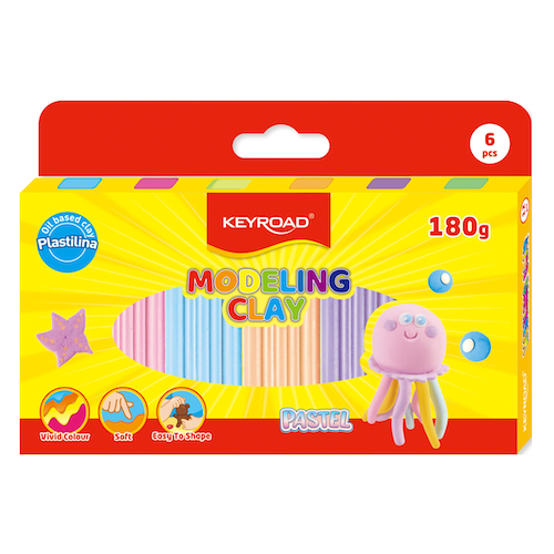 CAJA DE 6 PLASTILINAS INFANTILES KEYROAD, COLORES PASTEL, 180 GRS.
