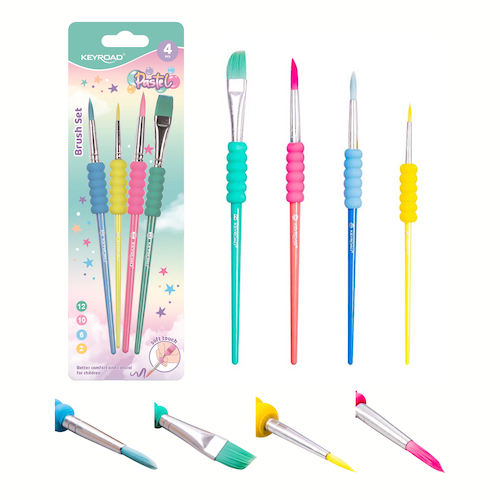BLÍSTER CON 4 PINCELES SINTÉTICOS INFANTILES KEYROAD PASTEL GRIP, SURTIDOS