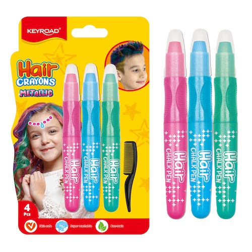 BLÍSTER CON 3 MARCADORES DE TIZA PARA PELO + PEINE KEYROAD, COLORES METÁLICOS