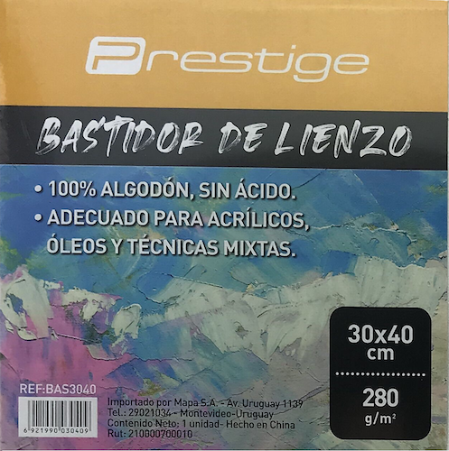 BASTIDOR LIENZO BLANCO PRESTIGE, 100% ALGODÓN, 280grs. LIBRE DE ÁCIDO, 30x40CMS
