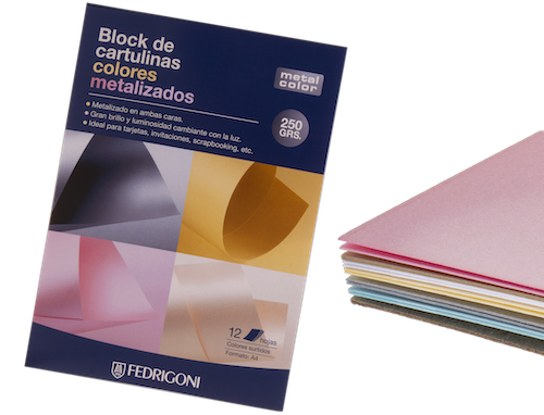 BLOC C/12 HOJAS DE CARTULINA METAL COLOR A4, 250 GRS., COLORES METALIZADOS