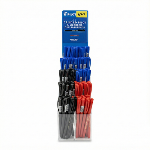 EXHIBIDOR CON 120 BOLÍGRAFOS PILOT BP-1, TRAZO MEDIO 1.0mm, TRES COLORES SURTIDOS