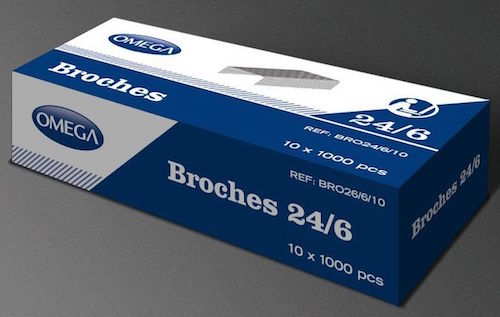 CAJÓN CON 500 CAJAS DE BROCHES OMEGA 24/6 DE 1000 UNIDADES