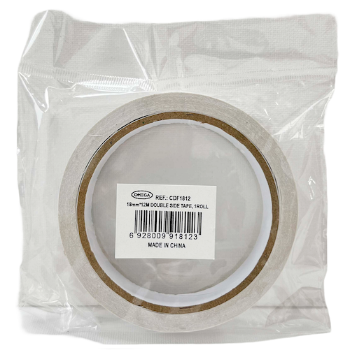 CINTA ADHESIVA DOBLE FAZ OMEGA, ROLLO DE 18mm x 12m