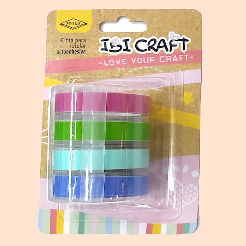 BLÍSTER C/4 CINTAS AUTOADHESIVAS MOTEX P/ROTULADORA, 9MMx3MTS - COL. PASTEL