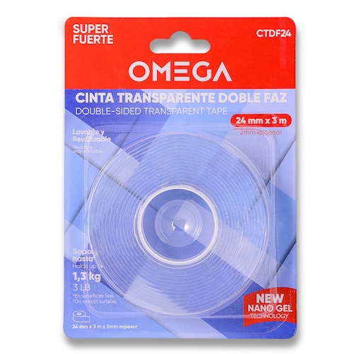 CINTA TRANSPARENTE DOBLE FAZ OMEGA, ROLLO DE 24mm x 3m x 2mm