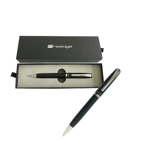 BOLÍGRAFO PRESTIGE, CUERPO NEGRO, PUNTA C/TAPA EN ESTUCHE