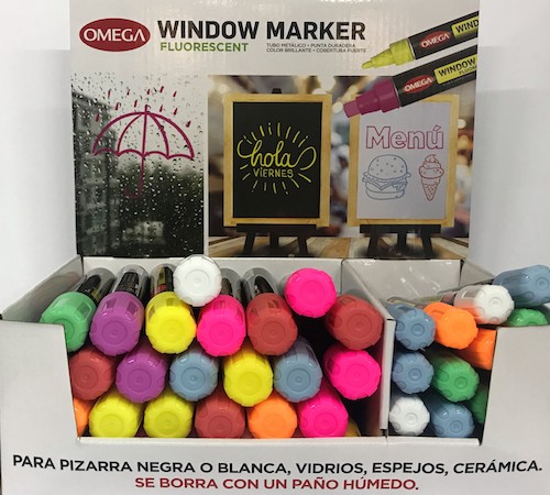 EXHIBIDOR CON 40 MARCADORES PARA VIDRIO Y PIZARRA OMEGA