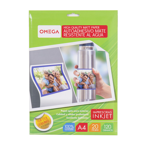 PAPEL AUTOADHESIVO OMEGA MATE A4 PARA IMPRESIÓN INKJET, SOBRE DE 20 HOJAS