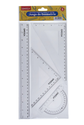 JUEGO DE GEOMETRÍA OMEGA, 4 PIEZAS CON REGLA DE 30CM. Y ESCUADRAS DE 25CM.