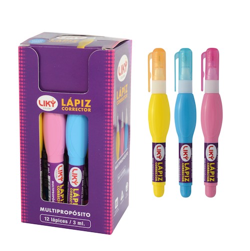 EXHIBIDOR CON 12 LÁPICES CORRECTORES LIKY COLORS