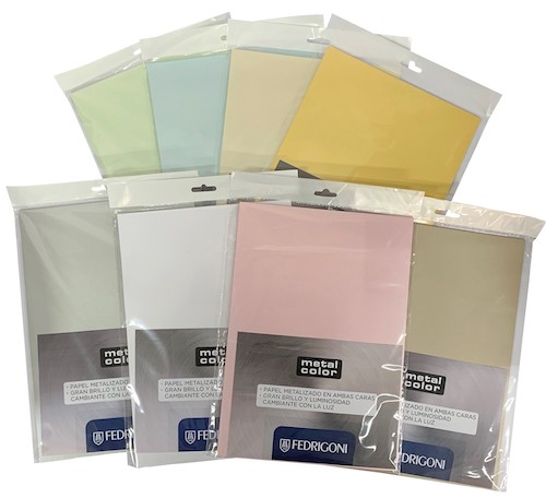 PAQUETE 10 HOJAS PAPEL METAL COLOR.  250 GR. A4.