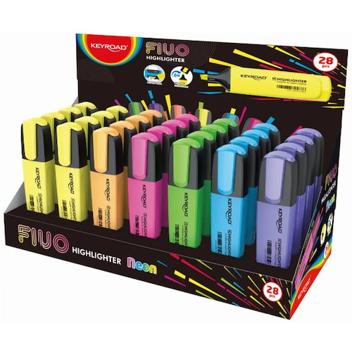 CAJA EXHIBIDORA C/28 RESALTADORES KEYROAD NEÓN, COLORES SURTIDOS