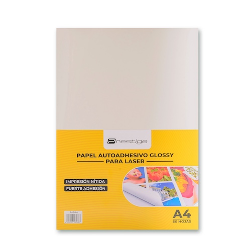 PAQUETE CON 50 HOJAS DE PAPEL AUTOADHESIVO GLOSSY PRESTIGE, A4, PARA LASER