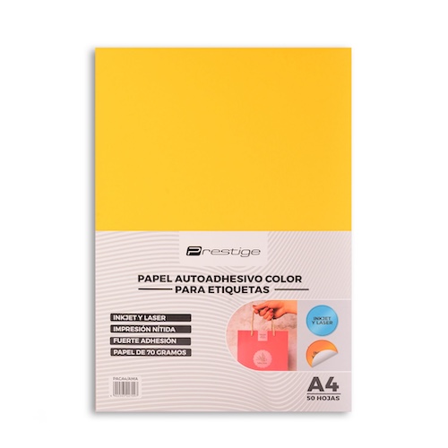 PAQUETE CON 50 HOJAS DE PAPEL AUTOADHESIVO COLOR PRESTIGE, A4, 70g, AMARILLO
