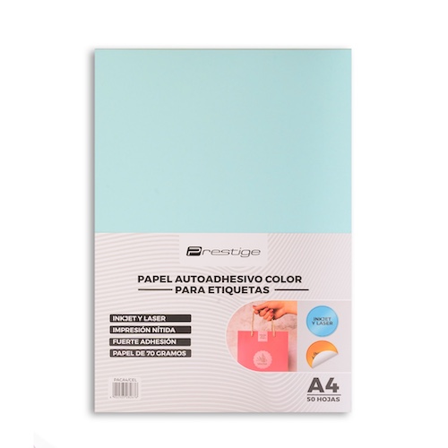 PAQUETE CON 50 HOJAS DE PAPEL AUTOADHESIVO COLOR PRESTIGE, A4, 70g, CELESTE