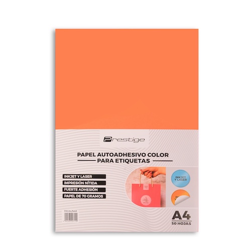 PAQUETE CON 50 HOJAS DE PAPEL AUTOADHESIVO COLOR PRESTIGE, A4, 70g, NARANJA