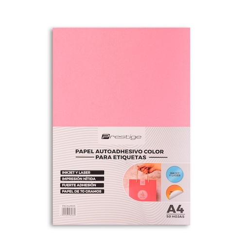 PAQUETE CON 50 HOJAS DE PAPEL AUTOADHESIVO COLOR PRESTIGE, A4, 70g, ROSADO