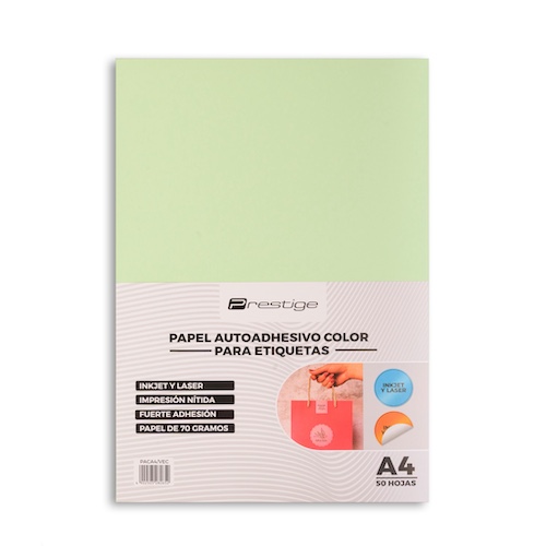 PAQUETE CON 50 HOJAS DE PAPEL AUTOADHESIVO COLOR PRESTIGE, A4, 70g, VERDE CLARO