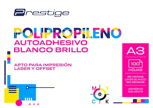 PAQ. 100H. POLIPROPILENO AUTOADH. BRILLO PRESTIGE, A3, 60mic., LINER 160g