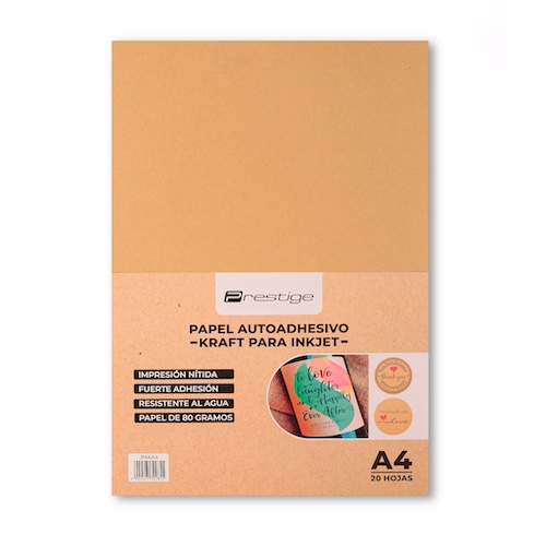 PAQUETE CON 20 HOJAS DE PAPEL AUTOADHESIVO KRAFT PRESTIGE, A4, RESISTENTE AL AGUA, PARA INKJET