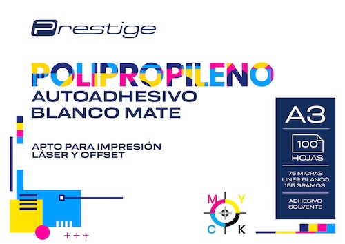 PAQ. 100H. POLIPROPILENO AUTOADH. MATE PRESTIGE, A3, 75mic., LINER 160g