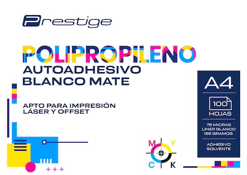 PAQ. 100H. POLIPROPILENO AUTOADH. MATE PRESTIGE, A4, 75mic., LINER 160g