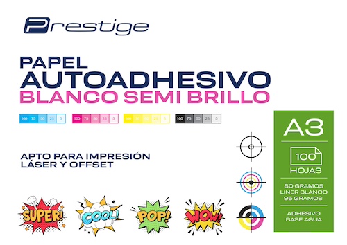PAQ. 100H. PAPEL AUTOADH. SEMI BRILLO PRESTIGE, A3, 80grs., LINER 95g