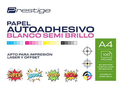 PAQ. 100H. PAPEL AUTOADH. SEMI BRILLO PRESTIGE, A4, 80grs., LINER 95gr