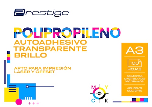PAQ. 100H. POLIPROPILENO AUTOADH. TRANSPARENTE PRESTIGE, A3, 50mic., LINER 160g