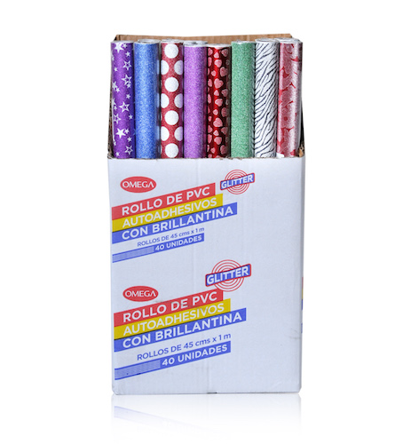 EXHIBIDOR C/40 ROLLOS AUTOADHESIVOS C/BRILLANTINA OMEGA. 45 CM X 1 MT. C/U
