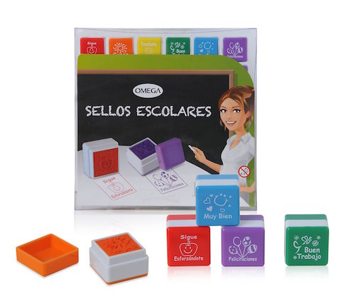 EXHIBIDOR CON 36 SELLOS ESCOLARES AUTOENTINTADOS