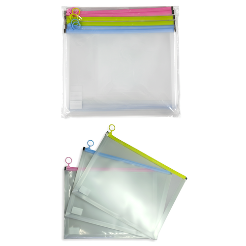 PACK CON 12 SOBRES OMEGA A4 PVC, CIERRE ZIP C/ANILLO, 3 COLORES SURTIDOS