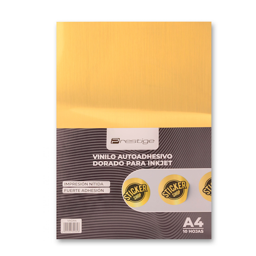 PAQUETE CON 10 HOJAS DE VINILO AUTOADHESIVO DORADO PRESTIGE, A4, PARA INKJET
