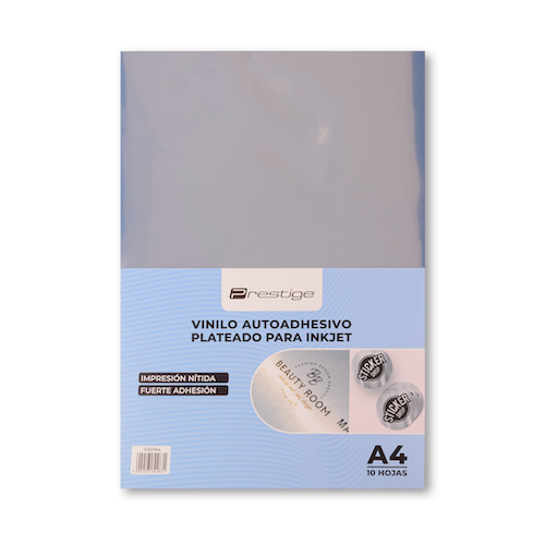 PAQUETE CON 10 HOJAS DE VINILO AUTOADHESIVO PLATEADO PRESTIGE, A4, PARA INKJET