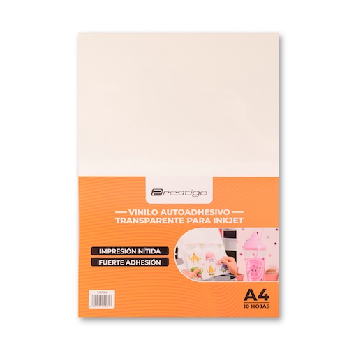 PAQUETE CON 10 HOJAS DE VINILO AUTOADHESIVO TRANSPARENTE PRESTIGE, A4, PARA INKJET